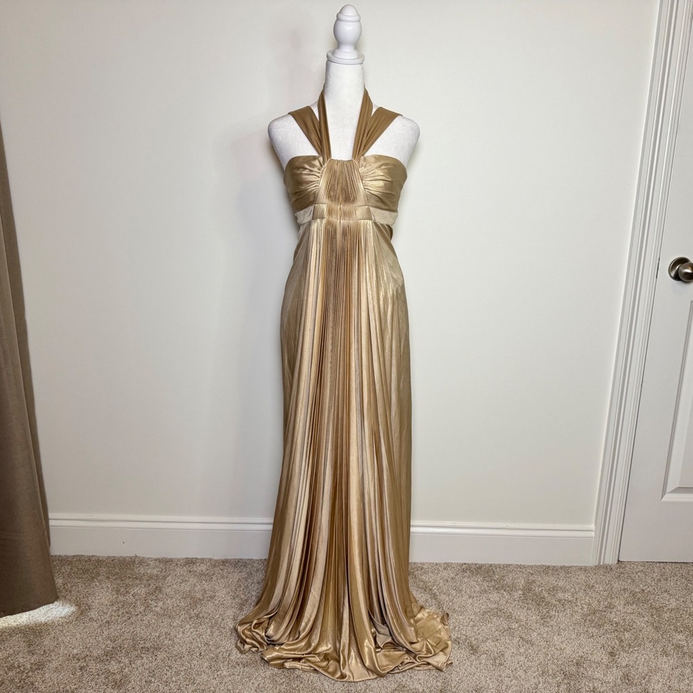 BCBGMaxazria Metallic Gold Halter Maxi Dress Y2K Grecian Ruched Gown S